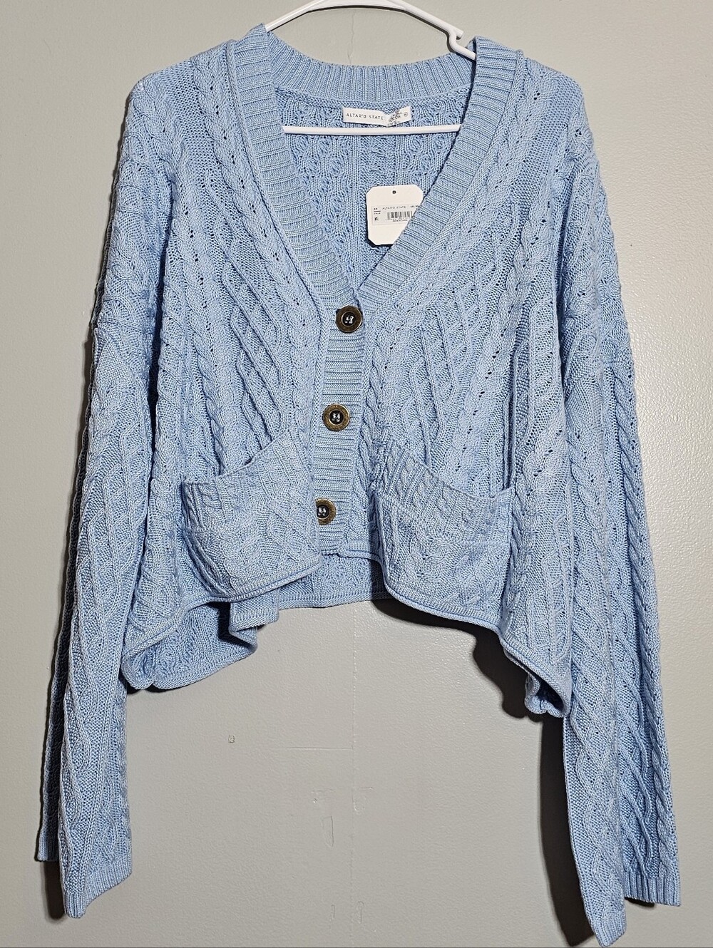 Altar'd State Light Blue Cropped Cable Knit Cardigan